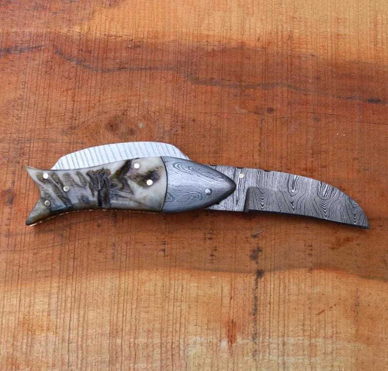 Custom Handmade Damascus Folding Fish Style Pocket Knife Every Day Carry Knife  Best Gifts Camping  4
