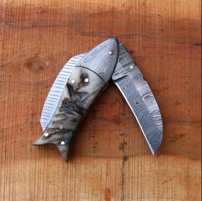 Custom Handmade Damascus Folding Fish Style Pocket Knife, Every Day Carry Knife , Best Gifts, Camping Gift for Boyfriend