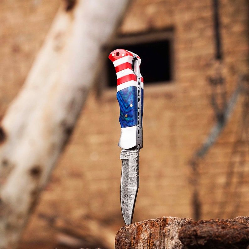 Damascus Pocket Knife USA Flag Handmade Folding Knife Gift For Boyfriend Birthday GiftGroomsmen Gif 3