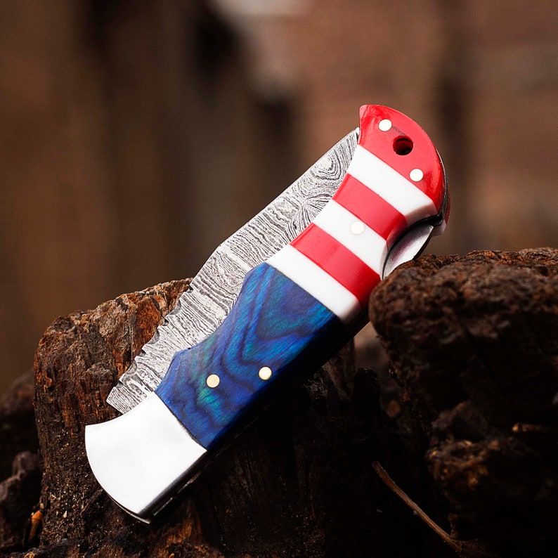 Damascus Pocket Knife USA Flag Handmade Folding Knife Gift For Boyfriend Birthday GiftGroomsmen Gif 4