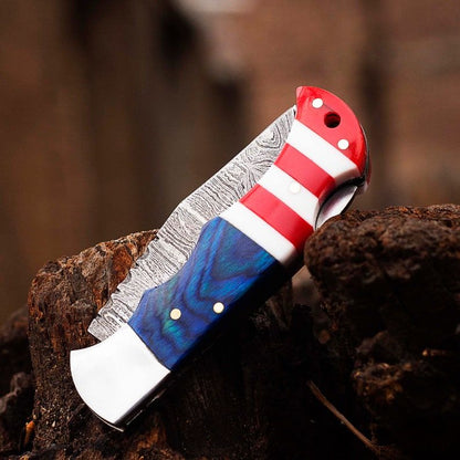 Damascus Pocket Knife USA Flag Handmade Folding Knife Gift For Boyfriend Birthday GiftGroomsmen Gif 4