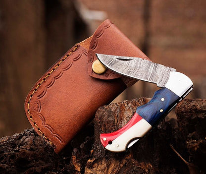 Personalized Handmade Damascus Pocket Folding Knife Texas Flag Knife Boyfriend Gift Anniversary Tha