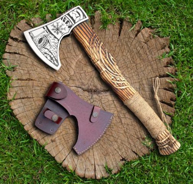 Handmade Viking Axe Premium Hunting Camping Tomahawk With Wood Handle  Free Leather Sheath Outdoor  1