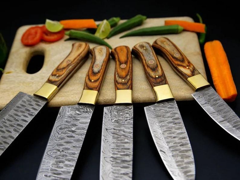 5 Pcs Damascus Chef Knife Set Damascus Steel Kitchen Knives With Wooden Block Christmas Gift Thanks