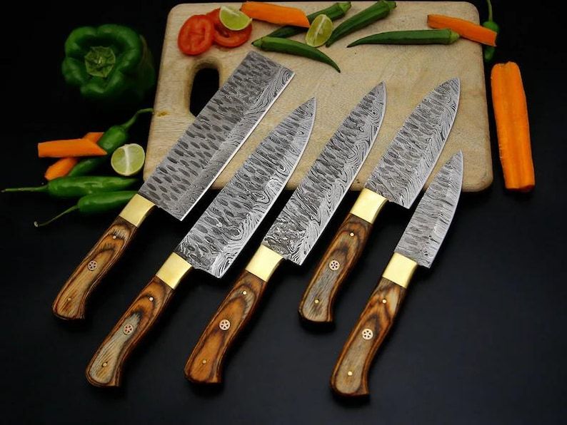 5 Pcs Damascus Chef Knife Set Damascus Steel Kitchen Knives With Wooden Block Christmas Gift Thanks