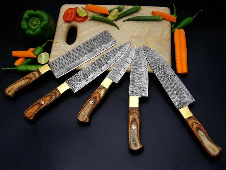 5 Pcs Damascus Chef Knife Set Damascus Steel Kitchen Knives With Wooden Block Christmas Gift Thanks