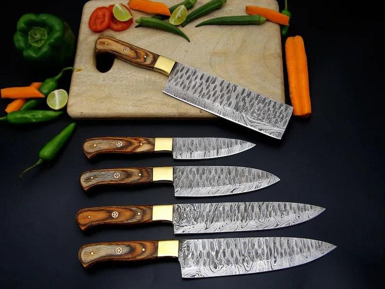 5 Pcs Damascus Chef Knife Set Damascus Steel Kitchen Knives With Wooden Block Christmas Gift Thanks