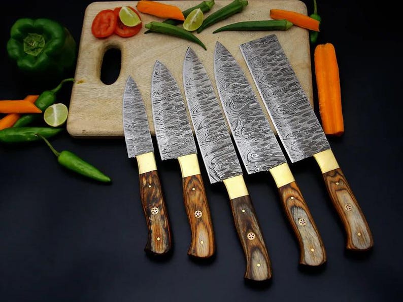 5 Pcs Damascus Chef Knife Set Damascus Steel Kitchen Knives With Wooden Block Christmas Gift Thanks