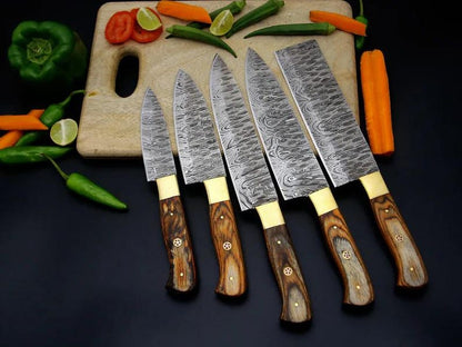 5 Pcs Damascus Chef Knife Set Damascus Steel Kitchen Knives With Wooden Block Christmas Gift Thanks