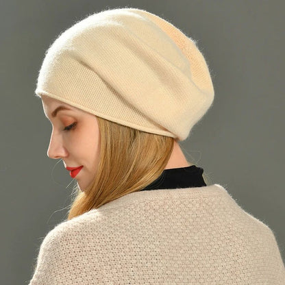 Cashmere Beanie Hat for Women, Slouchy Wool Knit Beanie, Casual Crimping Beanie for Winter