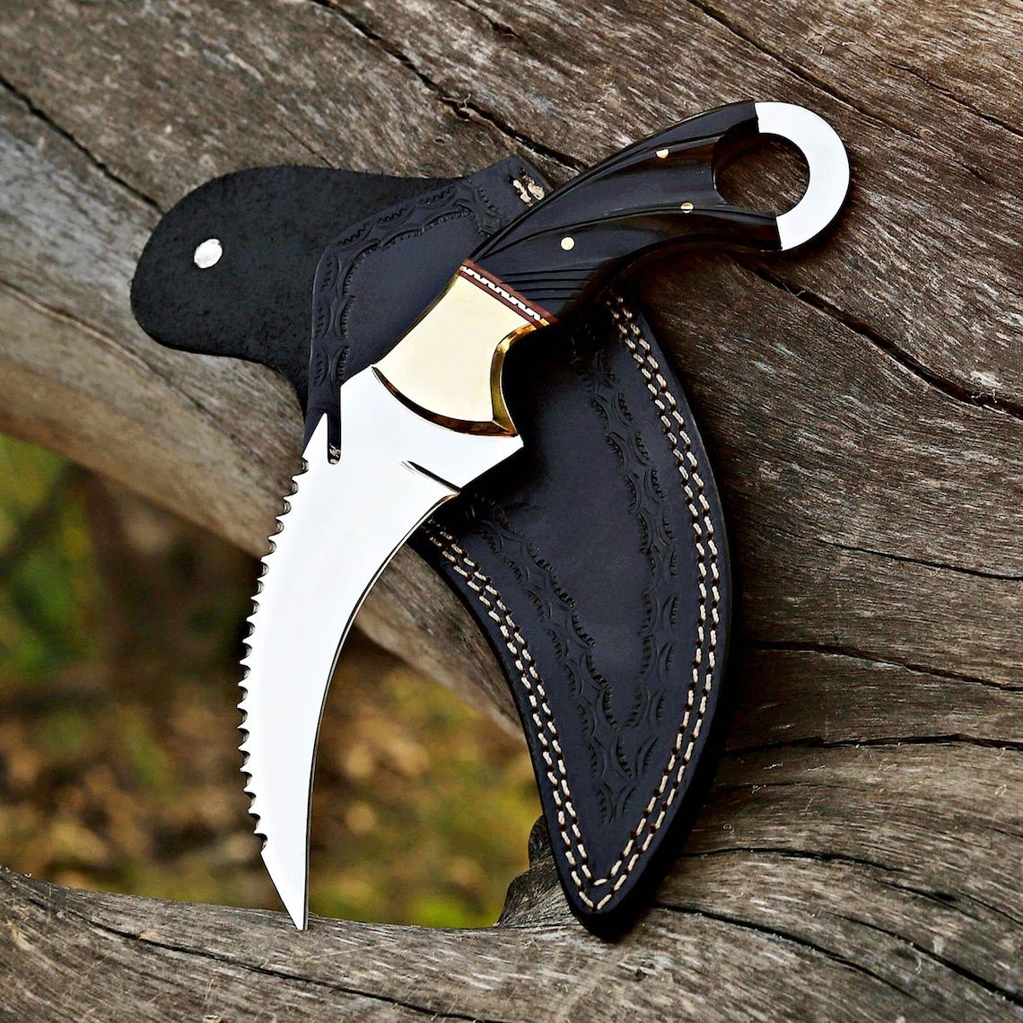 Karambit Knife - Fixed Blade with Sheath - Claw Knife Sharp Blade Karambits for Men & Women EDC (BLACK WOOD)