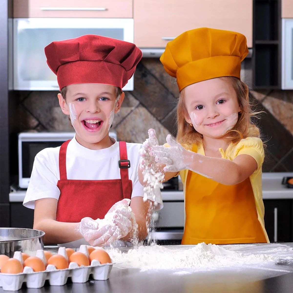 Children Chef Apron with Front Pocket Bib | Boys & Girls Kitchen Craft Apron + Hat Sets