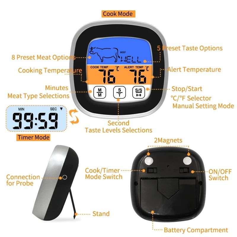 Touchscreen meat thermometer for BBQ