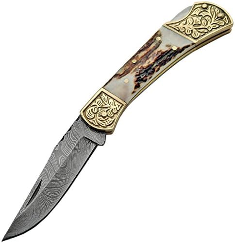 Damascus Steel Fancy Folding Knife with Stag Handle Damascus Steel Knife Camping Gift for Boyfriend, Thanksgiving
