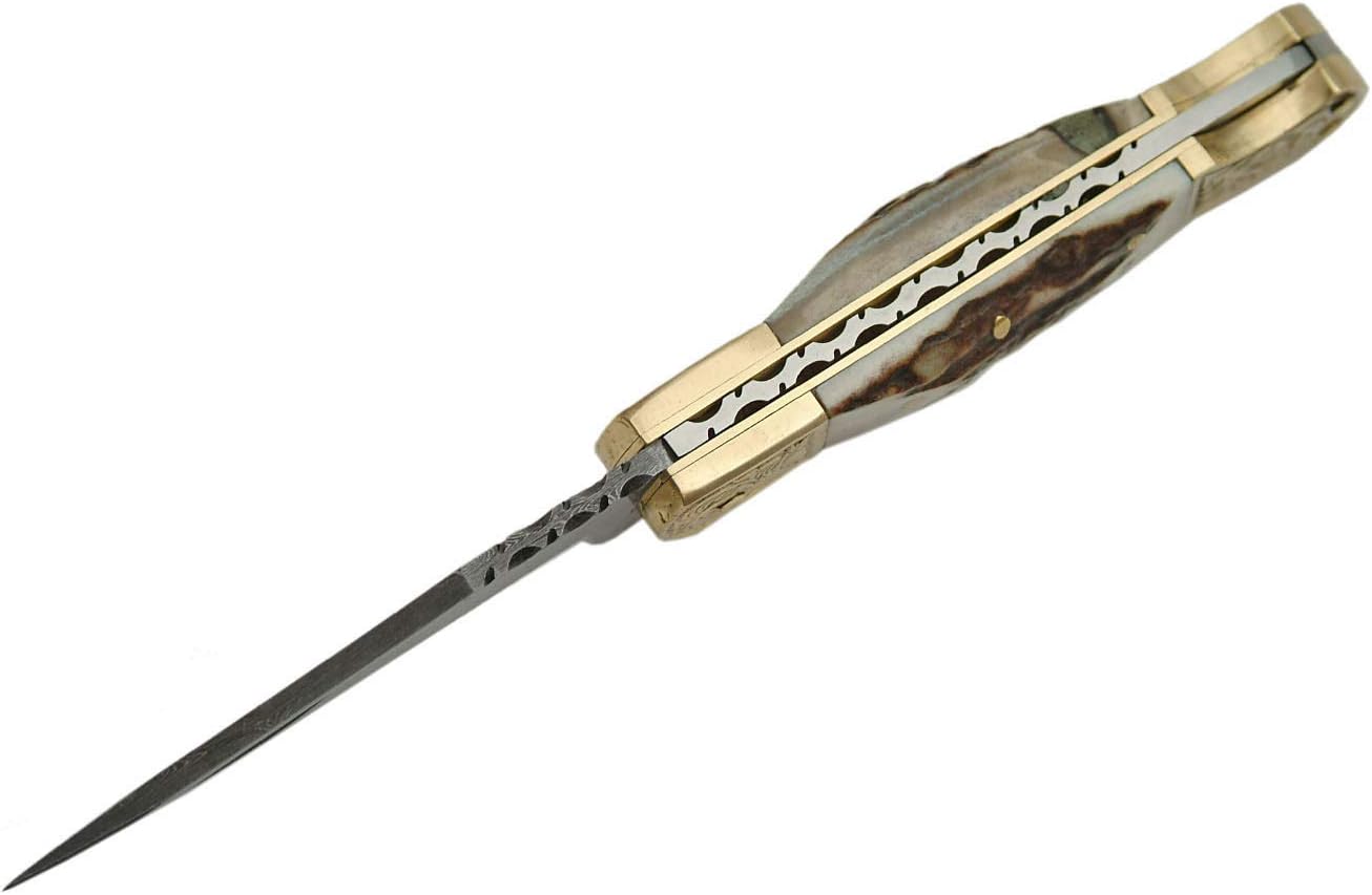 Damascus Steel Fancy Folding Knife With Stag Handle Damascus Steel Knife Camping Gift For Boyfriend 1