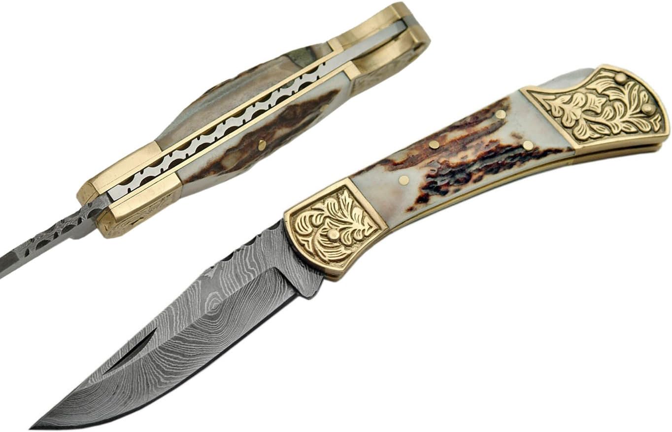 Damascus Steel Fancy Folding Knife With Stag Handle Damascus Steel Knife Camping Gift For Boyfriend 2