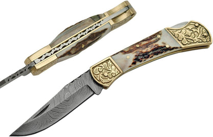 Damascus Steel Fancy Folding Knife With Stag Handle Damascus Steel Knife Camping Gift For Boyfriend 2
