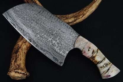 Custom  Handmade  Kitchen  Knife  Full  Tang  Damascus  Steel  Chopper  Knife  Ram  Horn