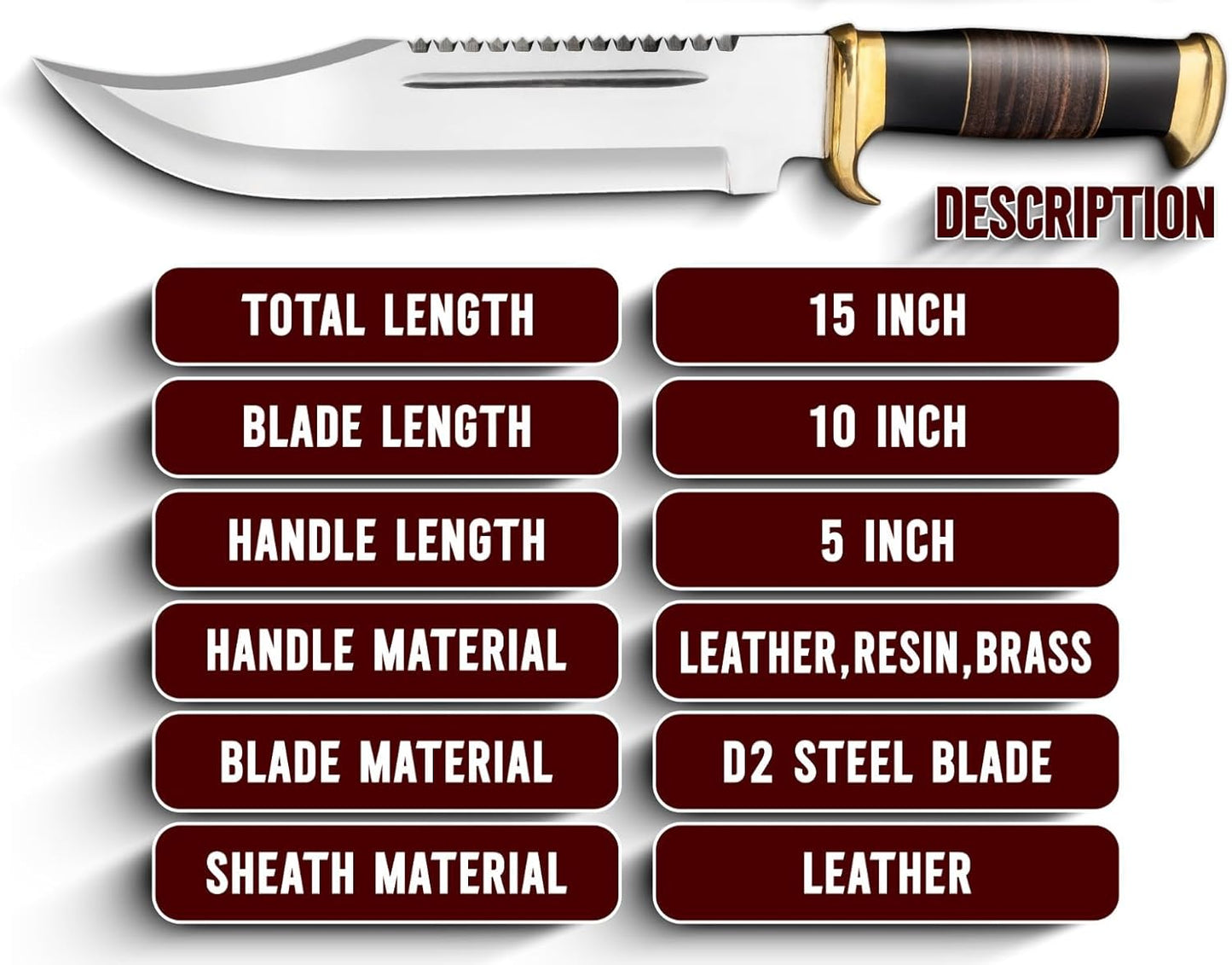 ALFARI 18 Inches D2 Bowie Knife Large Crocodile Dundee Bowie Knife Fixed Blade Hunting Knife With S 1