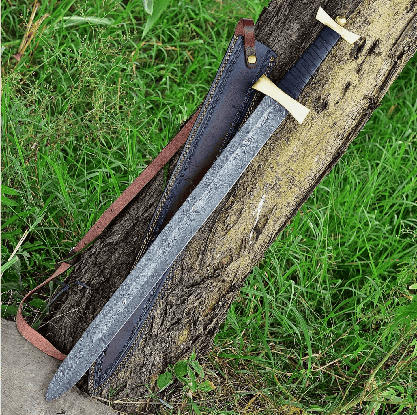 36-Inch Damascus Steel Viking Sword - Hand-Forged, Double-Edged Historical Replica