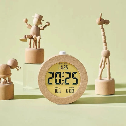 Elegant Wooden Alarm Clock with Backlight, Temperature Date Time Display – Perfect Bedroom Table Clock