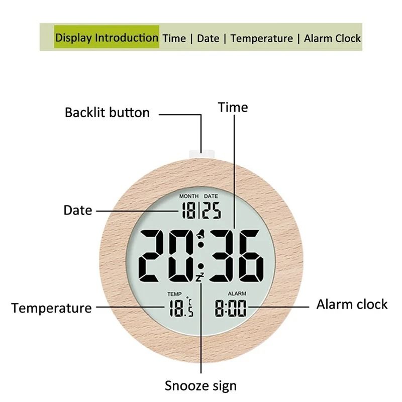 Elegant Wooden Alarm Clock With Backlight Temperature Date Time Display  Perfect Bedroom Table Cloc 4