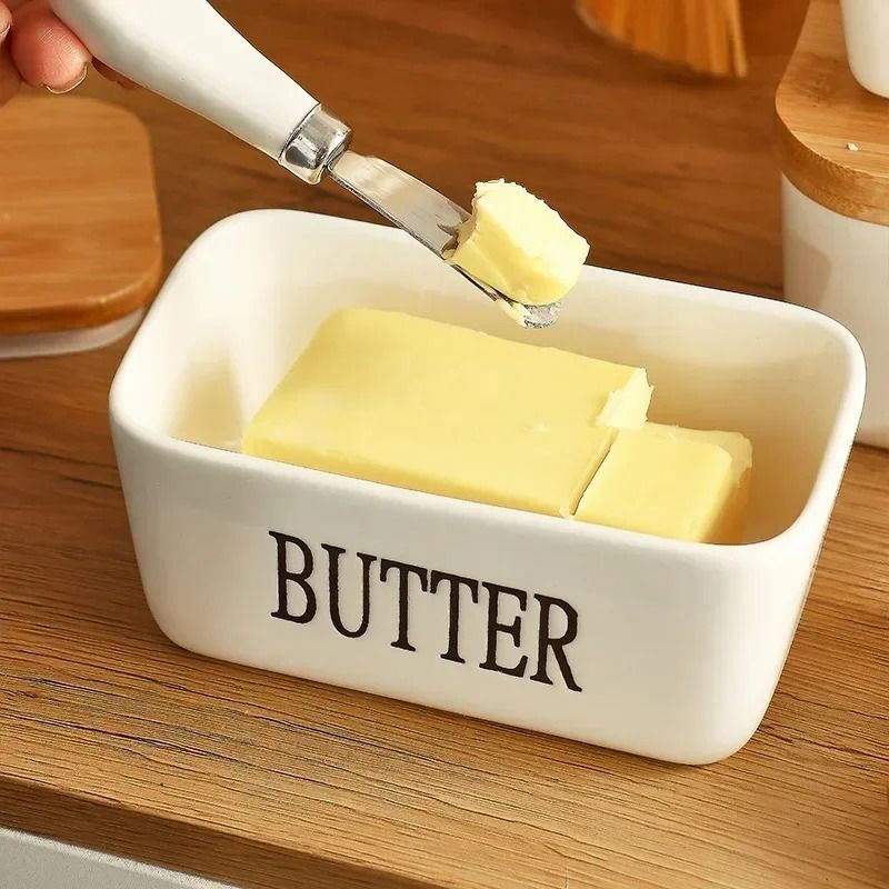 Ceramic Butter Dish with Bamboo Lid and Knife – Glossy Finish Butter Keeper for Countertop Cheese Storage