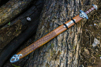 Custom Handmade Real Damascus Steel Sword With Engraved Scabbard Double Edged 1