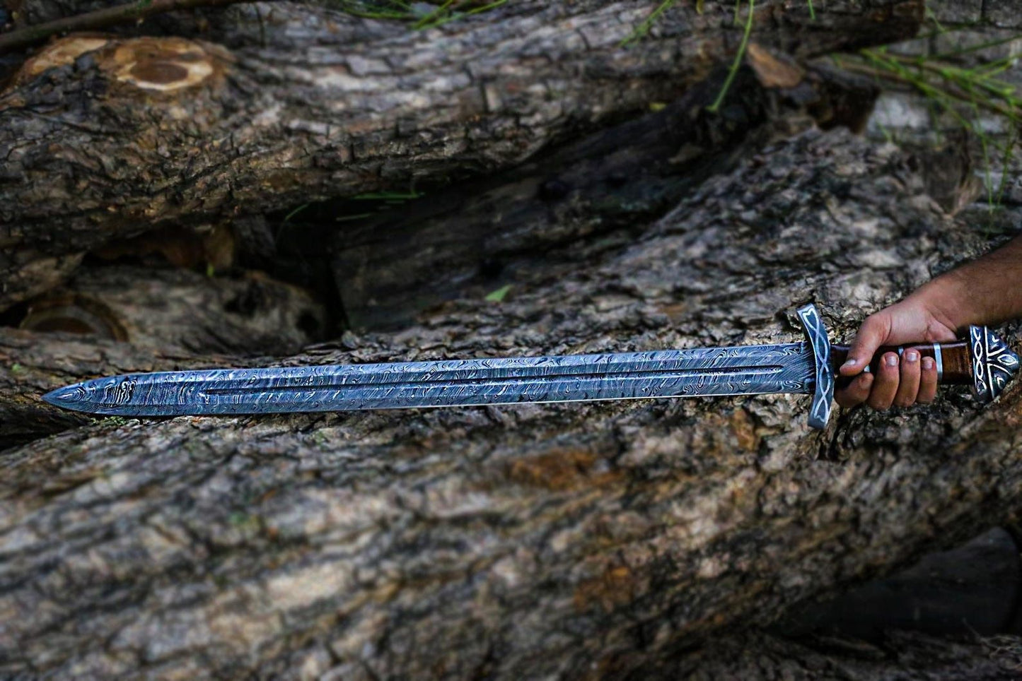 Custom Handmade Real Damascus Steel Sword With Engraved Scabbard Double Edged 2