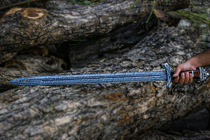 Custom Handmade Real Damascus Steel Sword With Engraved Scabbard Double Edged 2