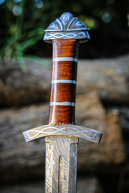 Custom Handmade Real Damascus Steel Sword With Engraved Scabbard Double Edged 4