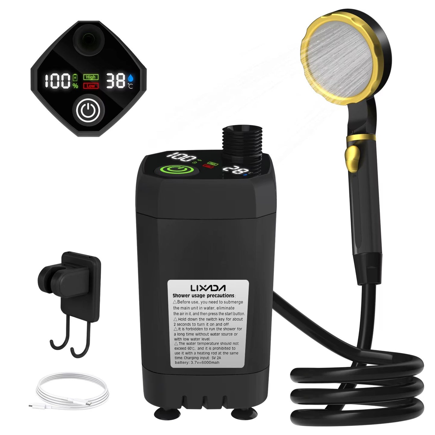 Camping Shower Pump RV Outdoor Shower Kit Camp Shower w/Full Screen Intelligent Digital Display Adjustable 6000mAh Showe