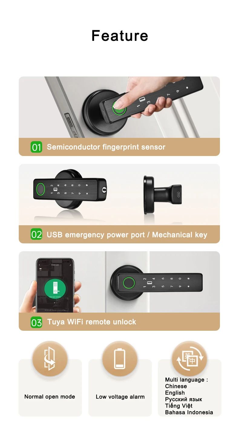 WiFi Remote Control Smart Fingerprint Lock For Indoor Wooden  Metal Doors 6