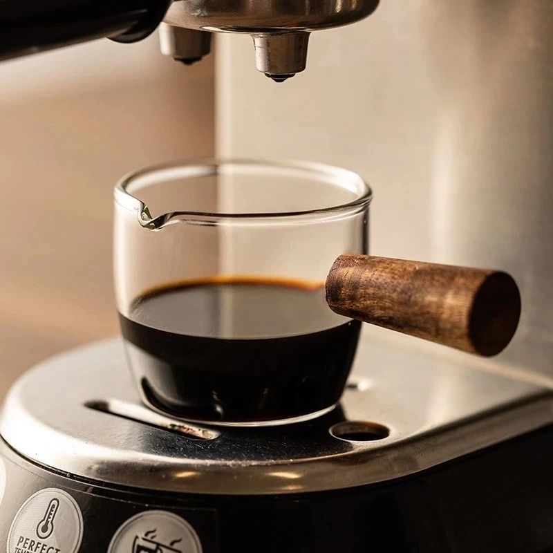 75ml Heat-Resistant Glass Measuring Cup with Wooden Handle – Ideal for Espresso, Coffee, and Baking