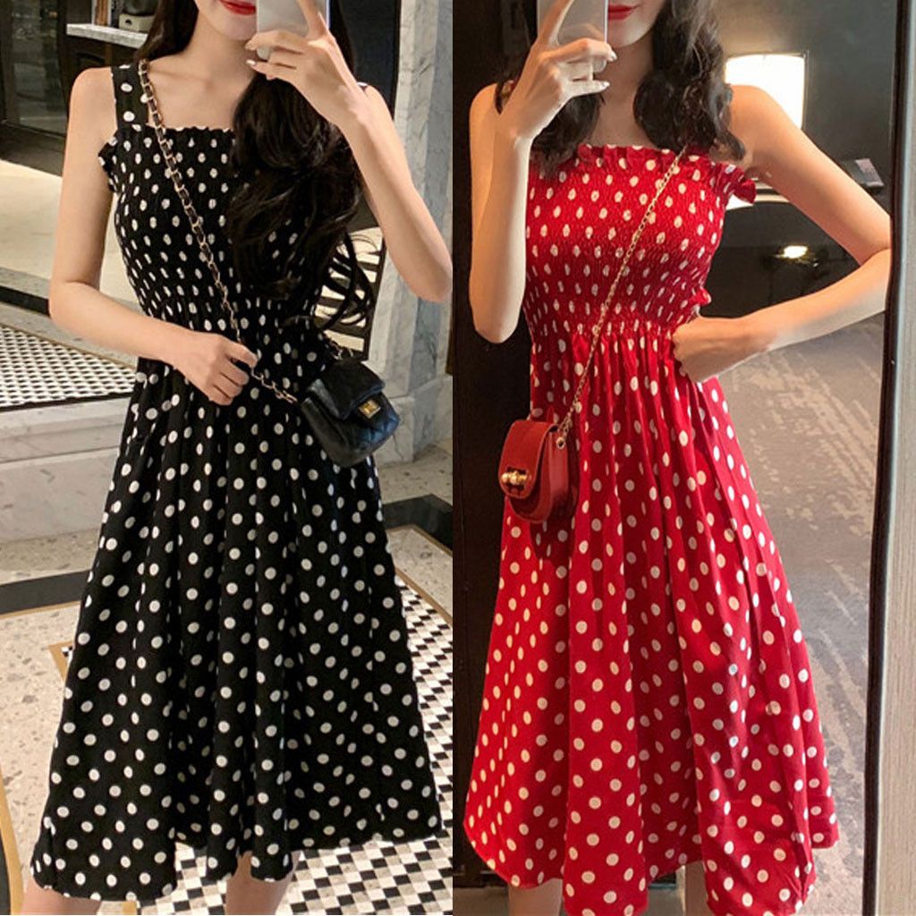 Womens Loose Polka Dot Dress None Sleeve Casual Sweet Summer Dress