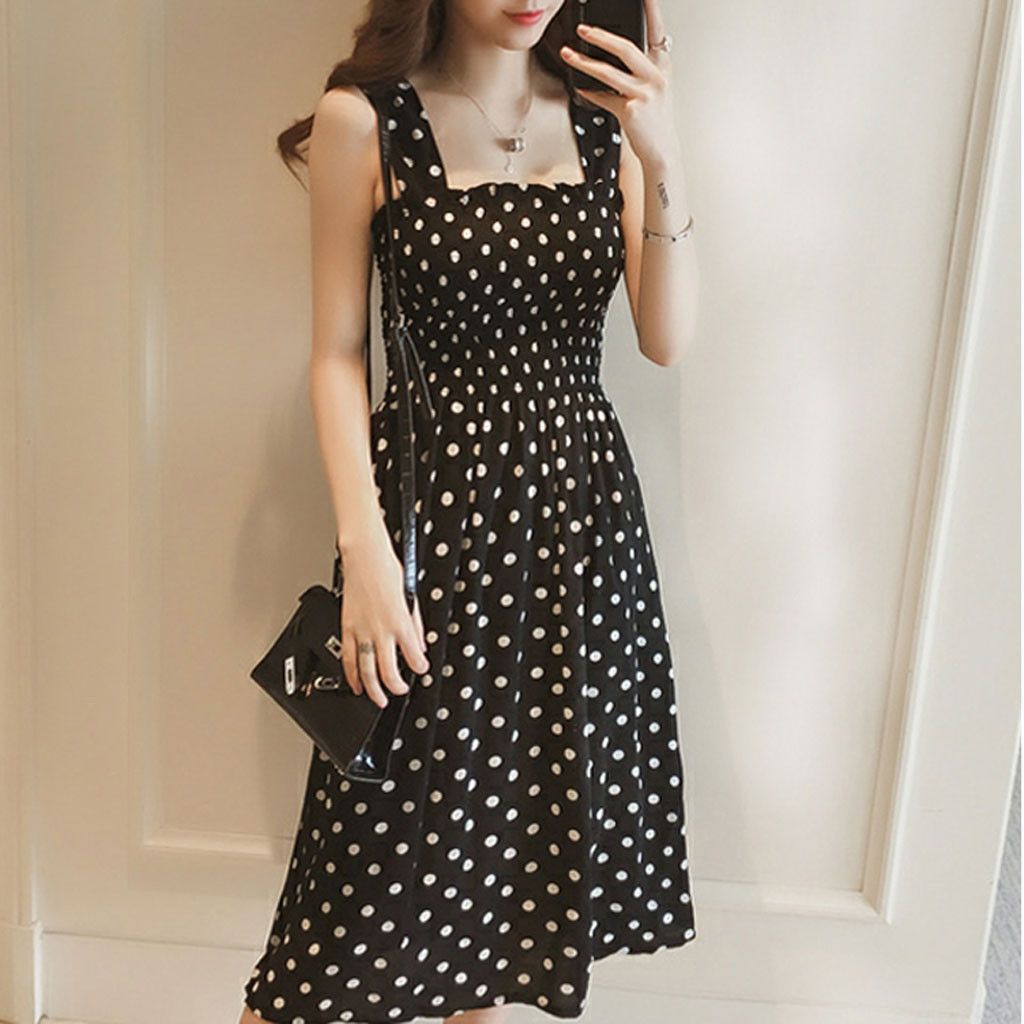 Women Loose Polka Dot Dress None Sleeve Casual Sweet Summer Dress