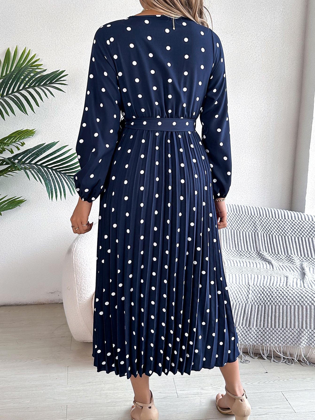 Elegant V Neck Polka Dot Swing Dress Casual Sweet Dress For Women 3