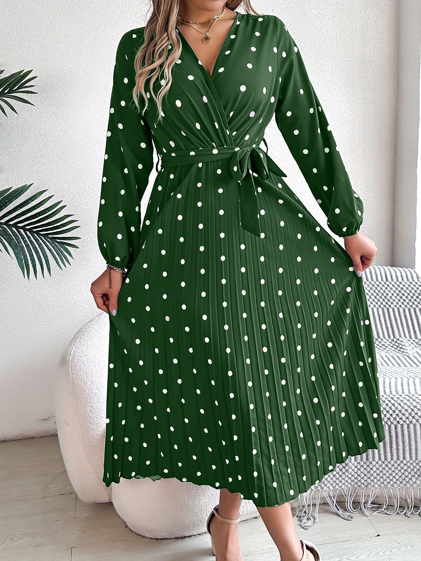 Elegant V Neck Polka Dot Swing Dress Casual Sweet Dress For Women 6