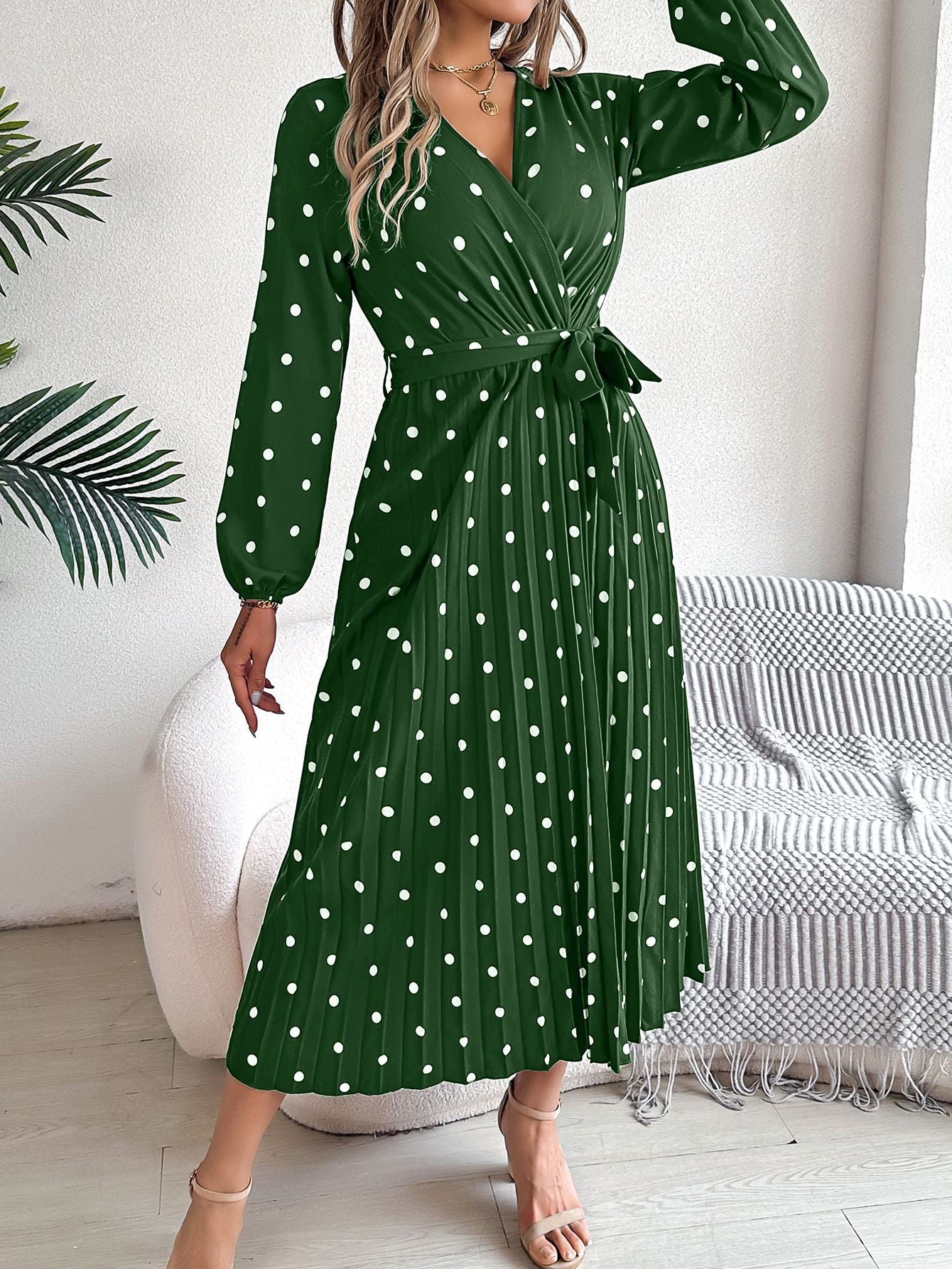 Elegant V Neck Polka Dot Swing Dress Casual Sweet Dress For Women 7