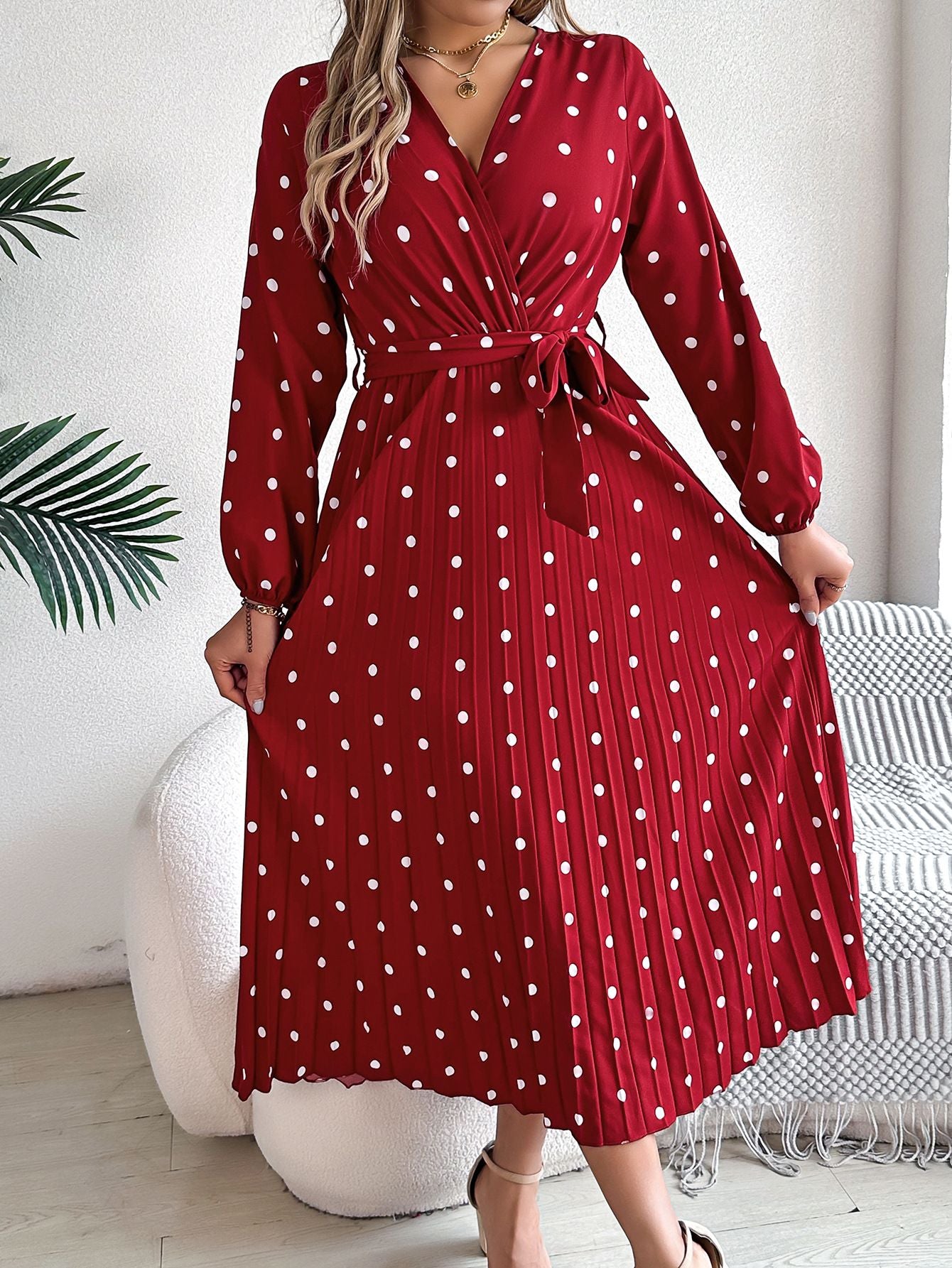 Elegant V Neck Polka Dot Swing Dress Casual Sweet Dress For Women 9