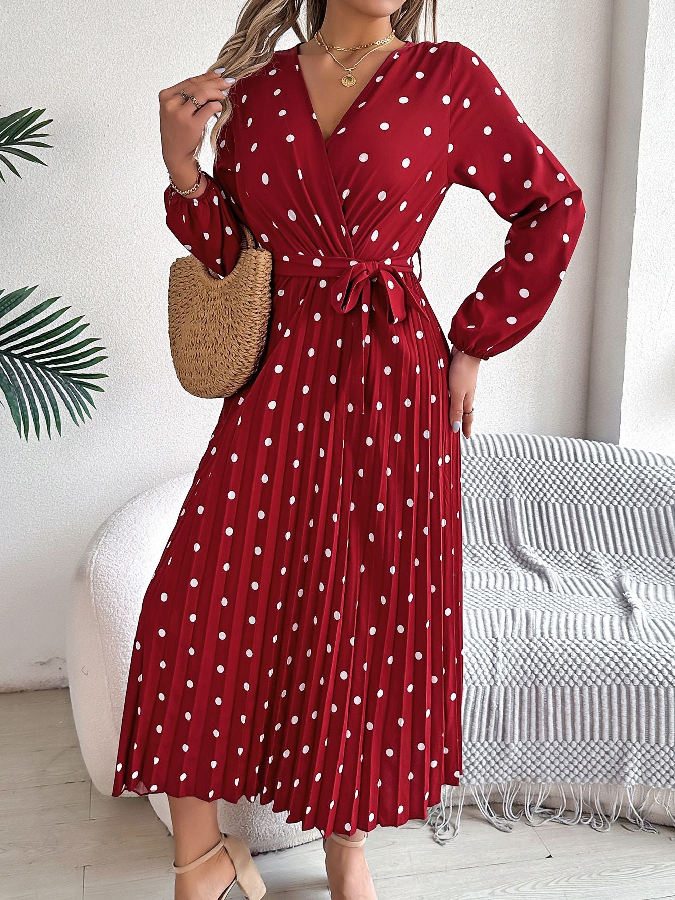 Elegant V Neck Polka Dot Swing Dress Casual Sweet Dress For Women 10