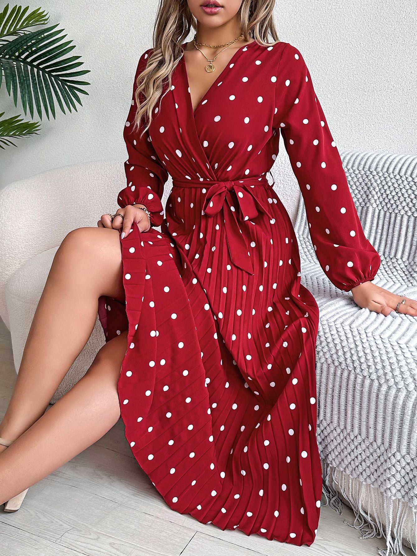 Elegant V Neck Polka Dot Swing Dress Casual Sweet Dress for Women