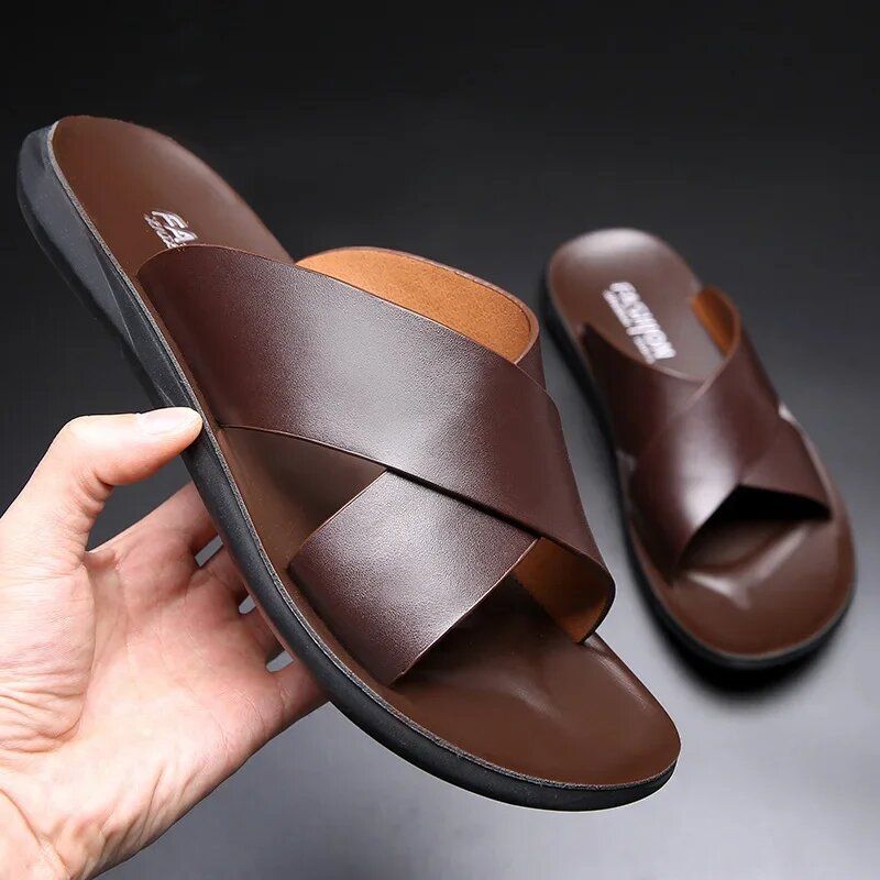 Men Genuine Leather Slippers NonSlip Beach Sandals for Casual  Luxury Fashion