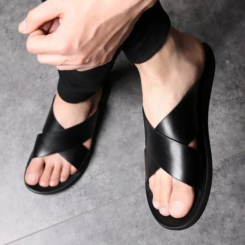 Men Genuine Leather Slippers Non-Slip Beach Sandals for Casual & Luxury Fashion