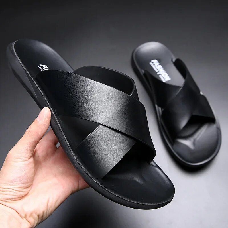 Men Genuine Leather Slippers NonSlip Beach Sandals for Casual  Luxury Fashion