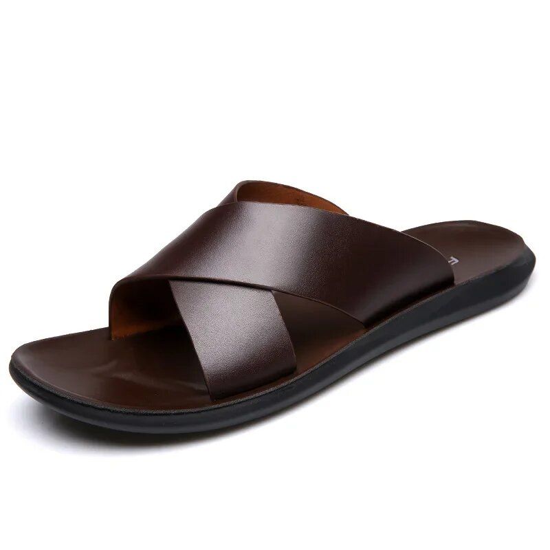 Men Genuine Leather Slippers NonSlip Beach Sandals for Casual  Luxury Fashion