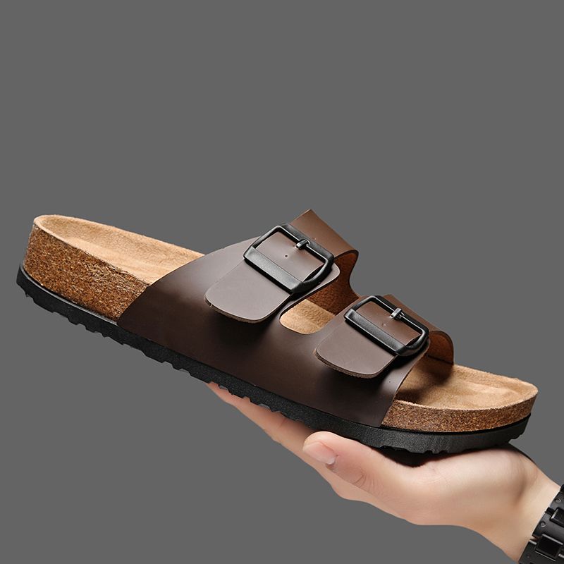 Retro Leather Cork Herringbone Slippers for Men Non-Slip Casual Beach Sandals for Summer