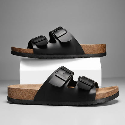 Retro Leather Cork Herringbone Slippers for Men NonSlip Casual Beach Sandals for Summer