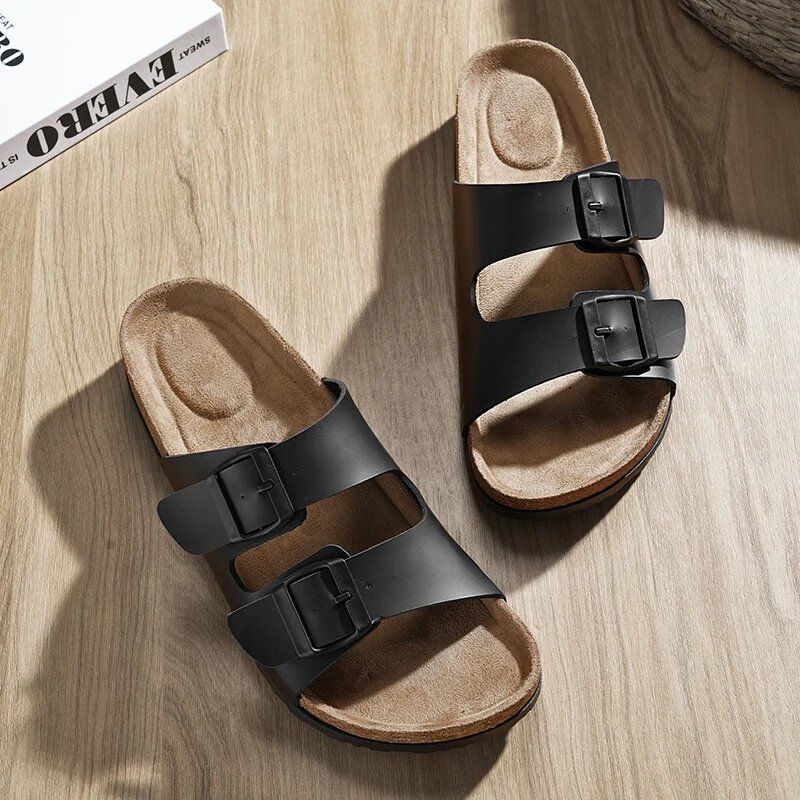 Retro Leather Cork Herringbone Slippers for Men NonSlip Casual Beach Sandals for Summer