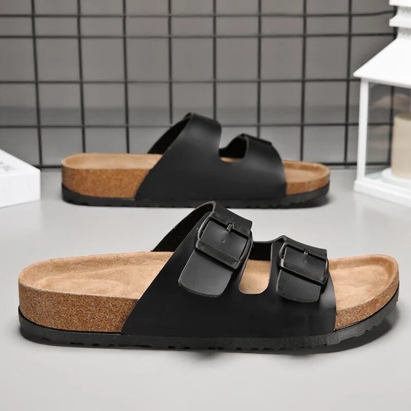 Retro Leather Cork Herringbone Slippers for Men NonSlip Casual Beach Sandals for Summer
